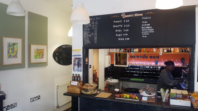 The interior looking towards the service counter and espresso machine